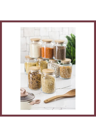 Storeşahin 9 Lu Set Bambu Kapaklı Cam Kavanoz & Erzak Saklama Kabı 800 Ml Orta Boy Vakum Kapak Shn0720