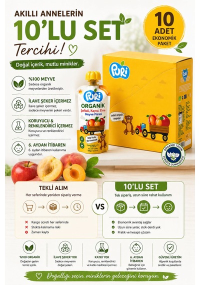 Organic Şeftalili Kayısılı Püresi 100g  x 10 %100 Organik İlave Şekersiz 10'lu Paket
