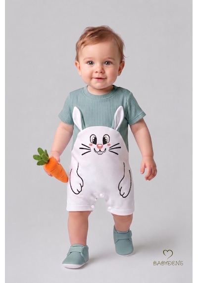 Babyden's Tavşan Baskılı Şortlu Erkek Bebek Tulum %100 Pamuk Yazlık Kısa Kollu Çıtçıtlı Yenidoğan Bebek Tulumu 0-9 Ay Açık Haki