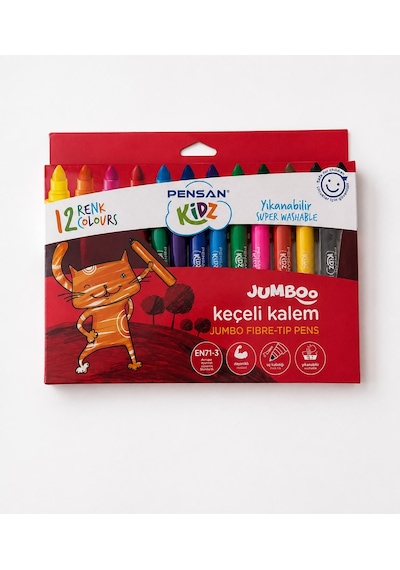 Pensan Kidz Jumboo 12 Renk Yıkanabilir Jumbo Keçeli Kalem Kalın Uçlu Çocuk Boyama Kalemi Çok Renkli