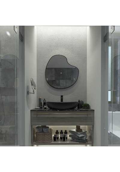 80x80 Cm Modern Asimetrik Organik Duvar Aynası Siyah Çerçeveli Siyah
