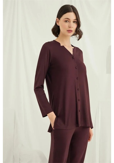 Ang Butik Kadın Uzun Kollu Boydan Düğmeli V Yaka Pijama Takımı Mürdüm