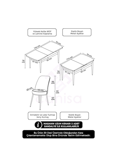 Canisa Concept Han Serisi 70x114 Açılabilir Mdf Mutfak Masası Takımı Beyaz Masa 6 Krem Sandalye Masa Beyaz Sandalyeler Krem