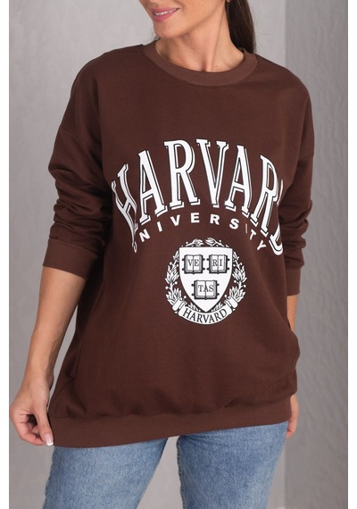 Armonika Kadın Kahve Önü Yazılı Yuvarlak Yaka Oversize Uzun Kol Sweatshirt Arm-24k024005