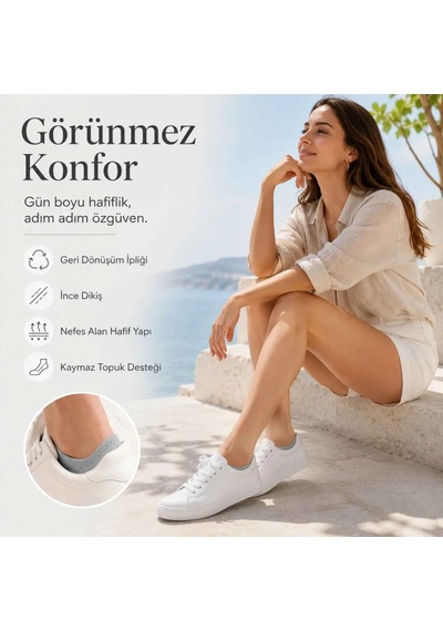 Genel Kadın Görünmez Sneaker Babet Çorap 6'lı Geri Dönüşüm İplikli, Nefes Alan, Siyah Gri 6'lı / 36-40