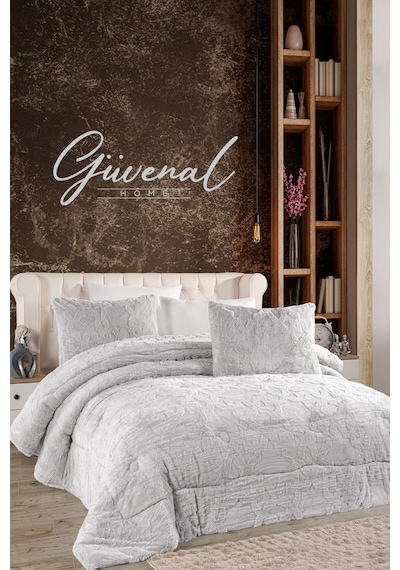 Vome Çantalı Jakarlı Çift Taraflı Wellsoft 230 X 250 Cm Battal Boy Yorgan Seti 1 Yorgan + 2 Yastık Kılıfı Yumuşak Dokulu Kabarık Kışlık Yorgan Çeyizlik Gri