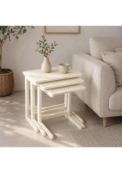 Ganni Home C 3 Lü Zigon Sehpa Seti Krem Krem Gürgen İskeletli, İç İçe Geçebilen Modern C Tasarım