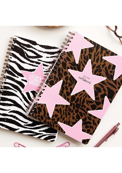A5 Spiralli Karton Kapak 2 Li Set Noktalı Okul Defteri 80 Yaprak, Ders Programlı Leopar Zebra Yıldız Kahverengi