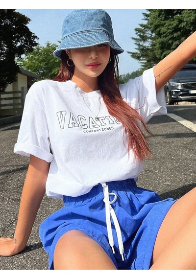 Unisex Beyaz Oversize Vacation Baskılı Örme T-shirt Beyaz-56806