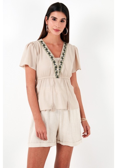 Lela Pamuklu Regular Fit Nakış Işlemeli Püsküllü Bayan Bluz 611Bz0282 Bej
