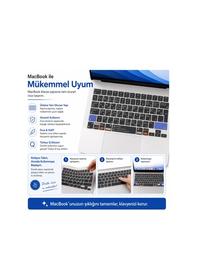 Macbook Air 13.6 İnç M2 M3 M4 M5 A2681 A3113 A3240 A3449 Uyumlu Türkçe Q Kısayollu Klavye Koruyucu