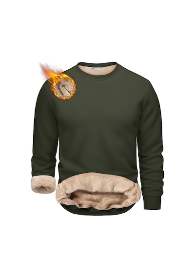 Ghassy Co. Erkek Ultra Termal Sherpa Peluş Astarlı Bisiklet Yaka Sweatshirt Haki