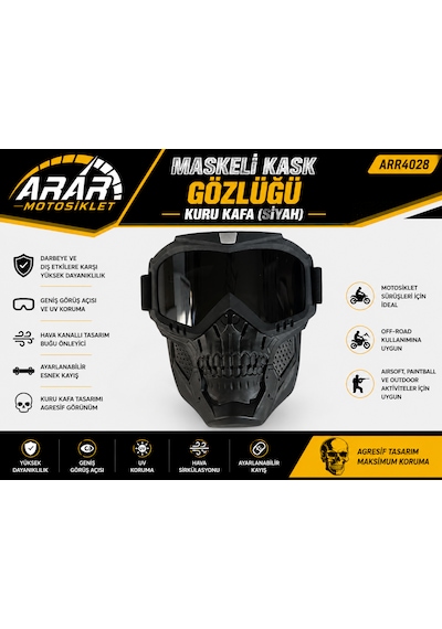 Maskeli Kask Gözlüğü Kuru Kafa Siyah -arr4028