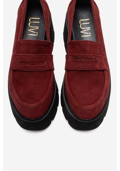Luvishoes Santıa Bordo Süet Kadın Kalın Tabanlı Loafer Ayakkabı Bordo