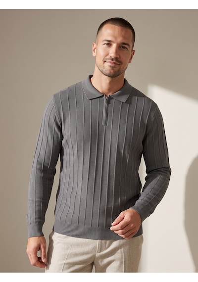 Maccali Erkek Antrasit Fitil Detaylı Fermuarlı Polo Yaka Triko Sweatshirt