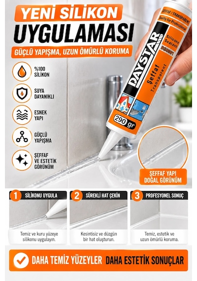 Şeffaf Silikon 290 Gr + 5 Başlıklı Silikon Kazıma Ve Derz Düzeltme Aparatı Seti