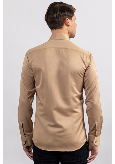 Tudors Modern Slim Fit Düz Saten Erkek Gömlek-23059 Krem