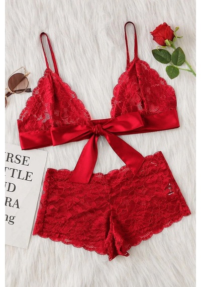 Moda Dua Kadın Kırmızı Dantelli & Kurdelalı Sütyen Külot Takımı