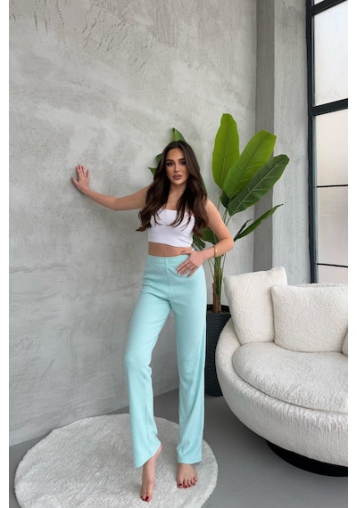 Kadın Su Yeşili Yüksek Bel Fitilli Bol Paça Günlük İnce Eşofman Altı Pijama Su Yeşili