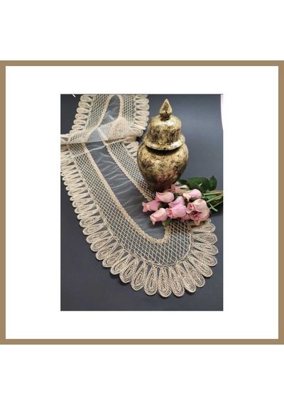 Bezos Kadife Detaylı Bej Runner 120x30cm 22