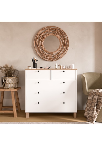 Robin Home Alaska Şifonyer 5 Çekmece Ahşap Ayaklı Sepet-beyaz Beyaz