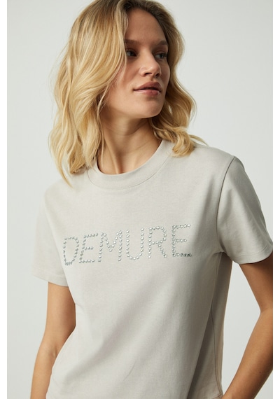 Ethıquet DEMURA Kadın Regular Taşlı Yuvarlak Yaka Açık Gri T-Shirt