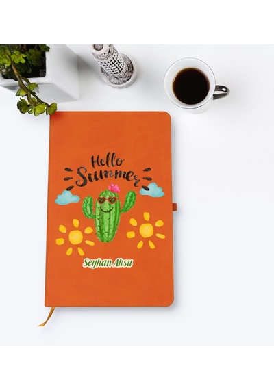 Kişiye Özel Kaktüs Tasarımlı Turuncu Termo Deri Defter Model 8