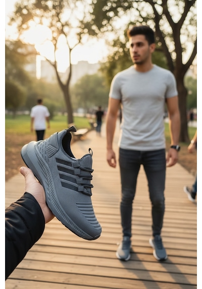 Enoch Ortopedik Ultra Hafif Şeritli Fileli Çoraplı Sneaker Spor Ayakkabı Füme
