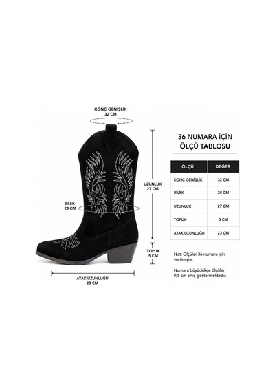 Preshley Kadın Clind Siyah Süet Nakişlii Western Kovboy Bot & Çizme