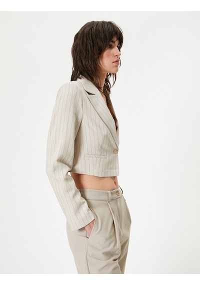 Koton Crop Blazer Ceket Uzun Kollu Bej Çizgili 4sak50080pw Ekru