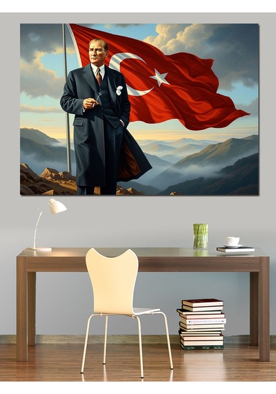 Tepede Dalgalanan Türk Bayrağı Ve Atatürk Dekoratif Kanvas - Mdf Ahşap Tablo