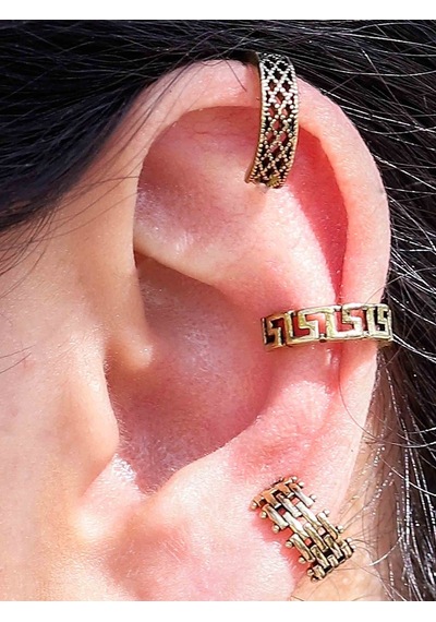 3'lü Antik Model Deliksiz Earcuff Kıkırdak Küpe Seti Eukk3 Sarı