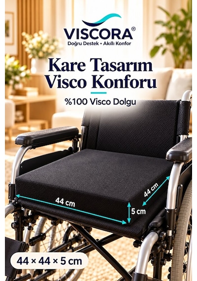 Tekerlekli Sandalye Minderi %100 Visco Kare Oturma Minderi, Kaymaz Taban 44 44 5 Cm Siyah