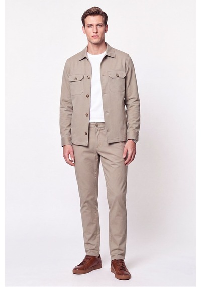 Comfort Fit Beli Lastikli Esnek Keten Bej Pantolon P 1221