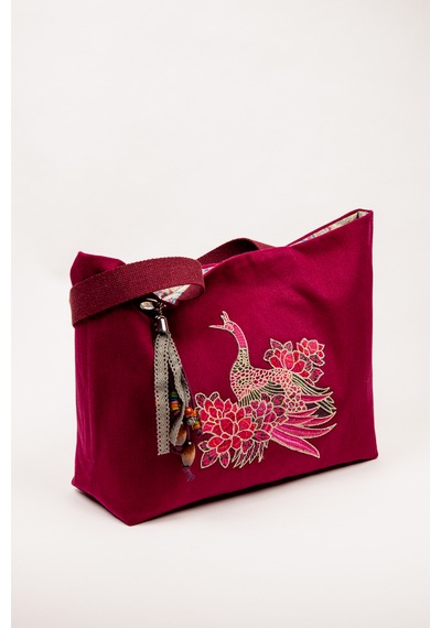 Fabric Craft Bag Omuz Çantası Kumaş Hint Nakışlı Vişne Renkli Astarlı Vişne Çürüğü