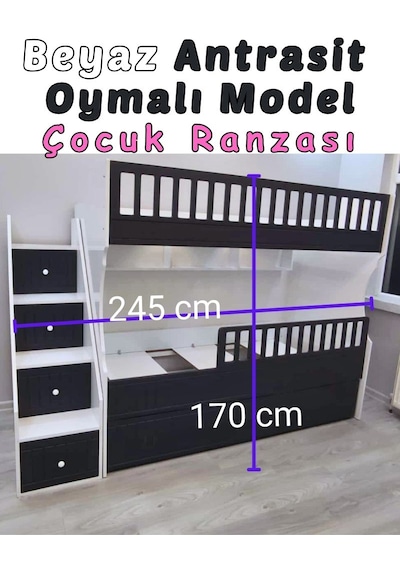 Beyaz Antrasit Oymalı Model Çocuk Ranzası