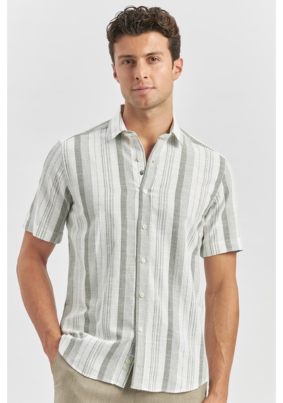 İmza Koyu Haki Kısa Kollu Çizgili Armürlü Pamuklu Casual Slim Fit Dar Kesim Gömlek 1004240243 Koyu Haki