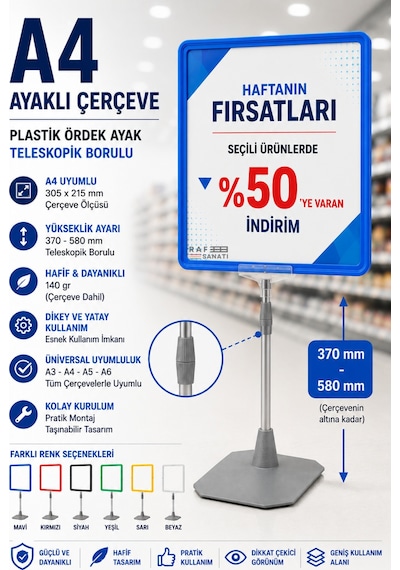 A4 Ayaklı Fiyat Etiketlik Teleskopik Borulu Çerçeve Etiketlik Yönlendirme Levhası Menü Panosu Mavi