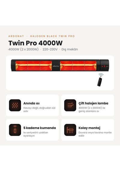 Ardonat Halogen Black Twin Pro 4000W Çift Lambalı Elektrikli Halojen Infrared Dış Mekan Isıtıcı, 5 Kademeli Uzaktan Kumandalı, Duvar ve Tavan Montajlı