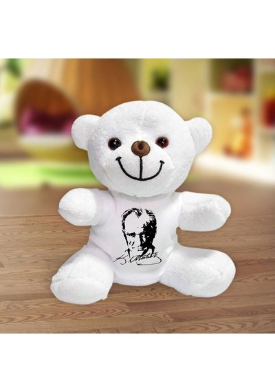 Atatürk Portreli Ve İmzalı Peluş Ayıcık Beyaz