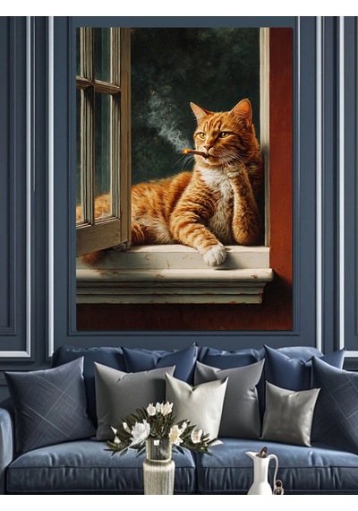 Ahşap Tablo Pencere Önünde Kedi Manzara