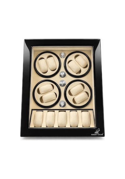 Watch Winder Brooklands Collection 8 Slotlu Ultra Sessiz Otomatik Saat Kurma Kutusu +5 Muhafaza Alanlı, Piano Siyah & Alcantara Krem