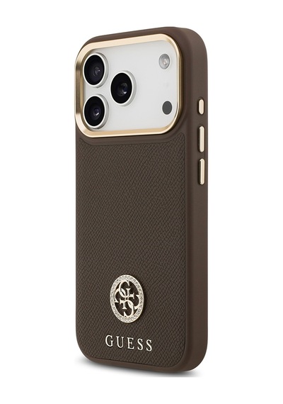 Apple Uyumlu iPhone 17 Pro Kılıf Guess Lisanslı M-safeli Grained Yazı Ve Taşlı 4g Logolu Kapak Kahverengi Kahverengi