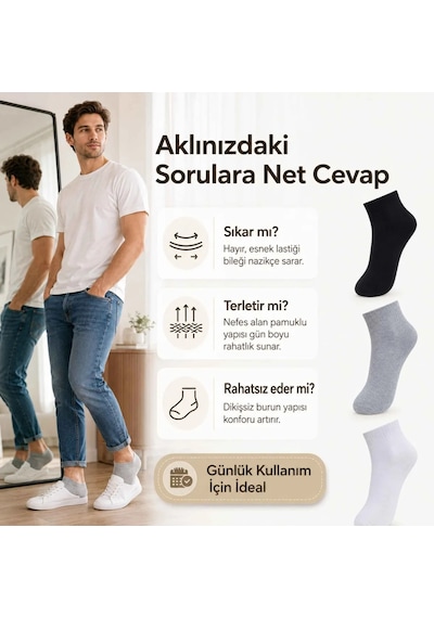 Çorap Giyim Erkek Kısa Konç Çorap 3 Lü Paket, %80 Pamuklu, Dikişsiz Burun, Nefes Alan Yumuşak Bilek Çorabı, Siyah Gri Beyaz Çok Renkli