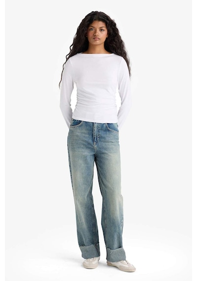 Defacto Slim Fit Dar Kesim Kayık Yaka Uzun Kollu Tişört F9029ax25auwt83 Beyaz