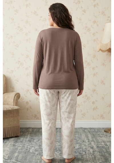 Siyah İnci Vizon Desenli Büyük Beden Battal Boy Viskon Örme Pijama Takım 26224813