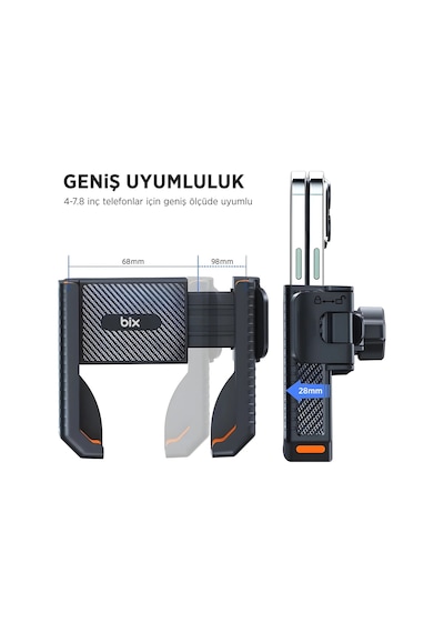 Bix Bph01 Gidon Bağlantılı 360 Dönebilen Titreşim Önleyici Bisiklet Ve Motosiklet Telefon Tutucu Siyah
