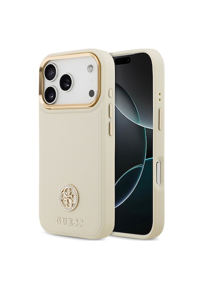 Apple Uyumlu iPhone 17 Pro Kılıf Guess Lisanslı M-safe Özellikli Grained Yazı Ve Taşlı 4g Logolu Kapak Bej Bej