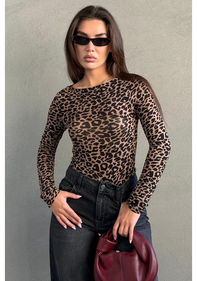 Seeh Leopar Kayık Yaka Uzun Kollu Body Sh322