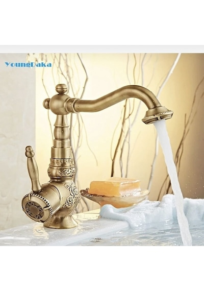 İsaoğlu Yapı Eskitme Lavabo Bataryası Antik Lavabo Musluğu İşlemeli Vintage Tasarım Banyo Musluğu Antik